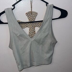 wild fable Ribbed V-Neck Crop Tank in Light Sage